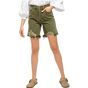 We the Free People Green Cutoff Distressed Denim Jean Bermuda Shorts Long sz 24